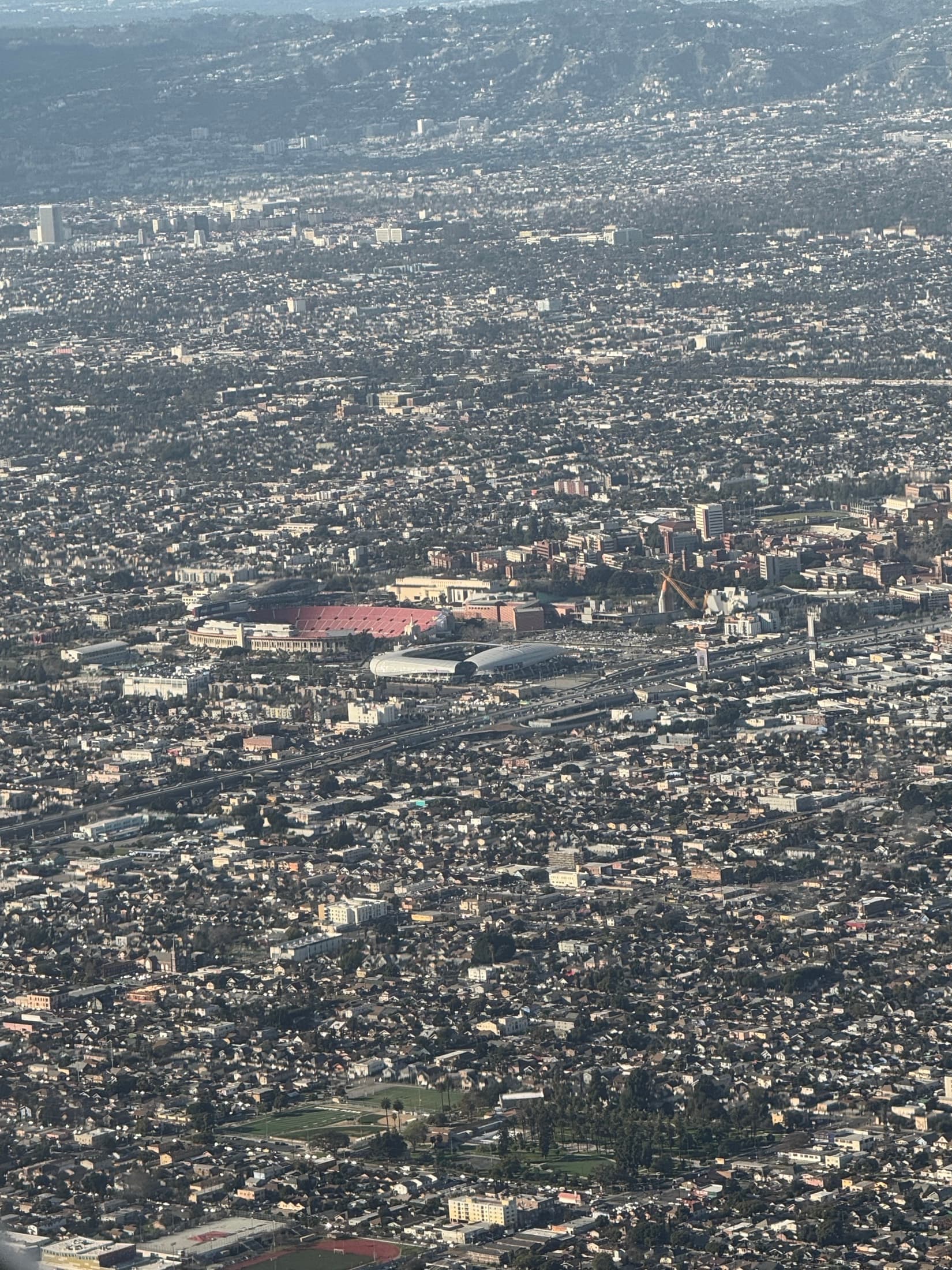 Aerial view toward Exposition Park and the Los Angeles Memorial Coliseum from South Los Angeles