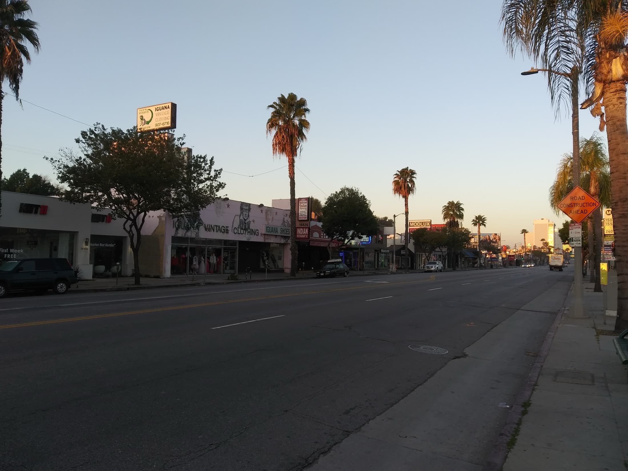 Shops along Ventura Boulevard in Sherman Oaks under a clear sky
