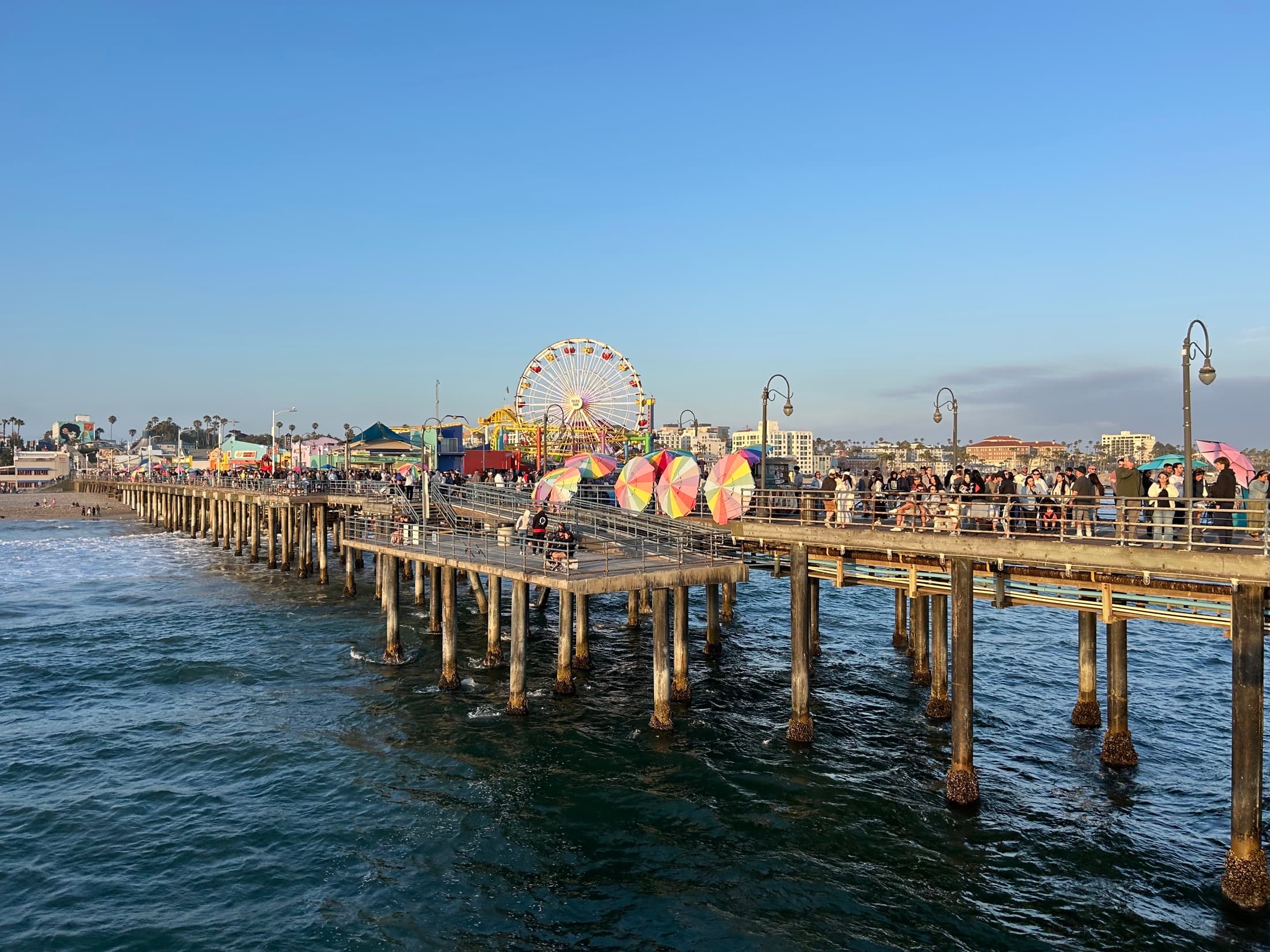 Santa Monica Pier and Pacific coastline under evening light