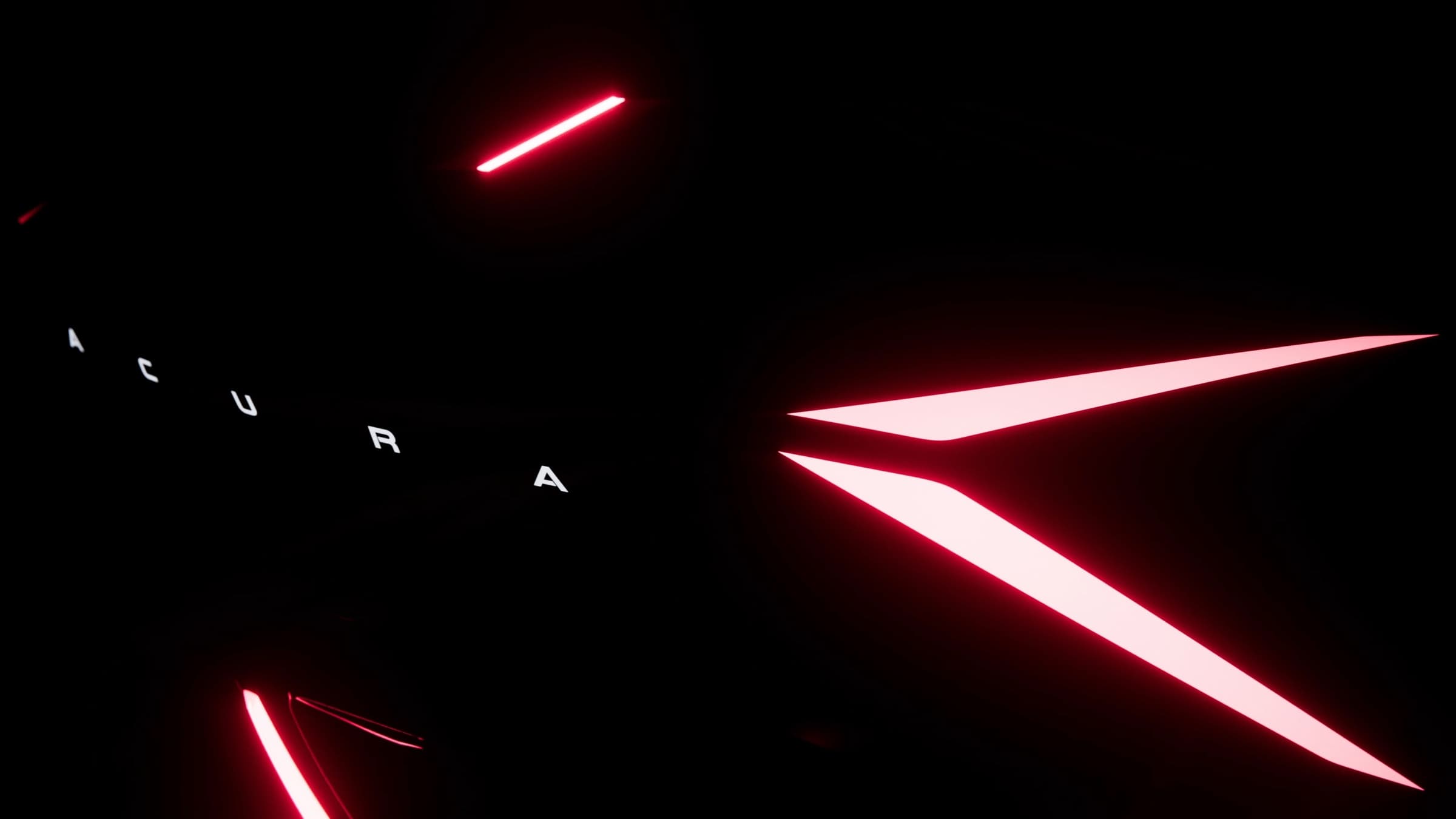 Dark Acura concept teaser showing illuminated ACURA lettering and sharp red rear lighting signature against black