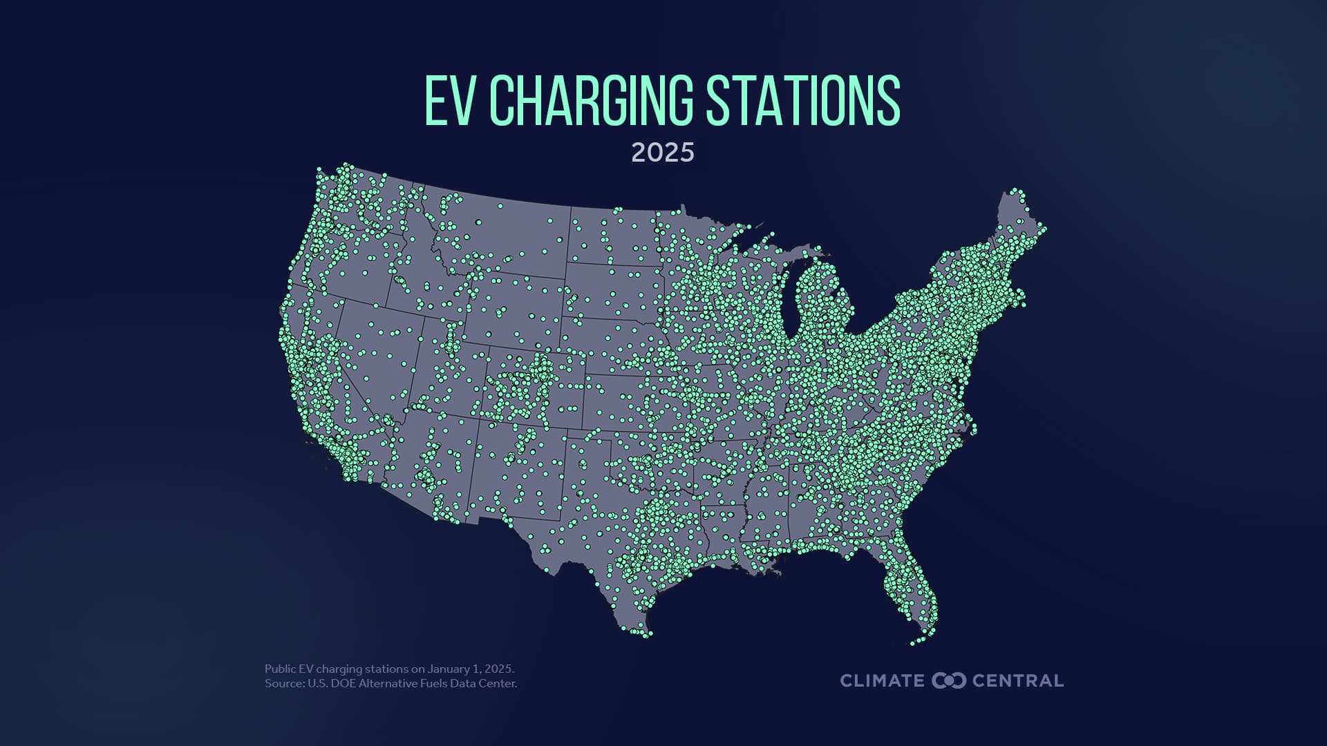 Map of public electric vehicle charging port density across the United States