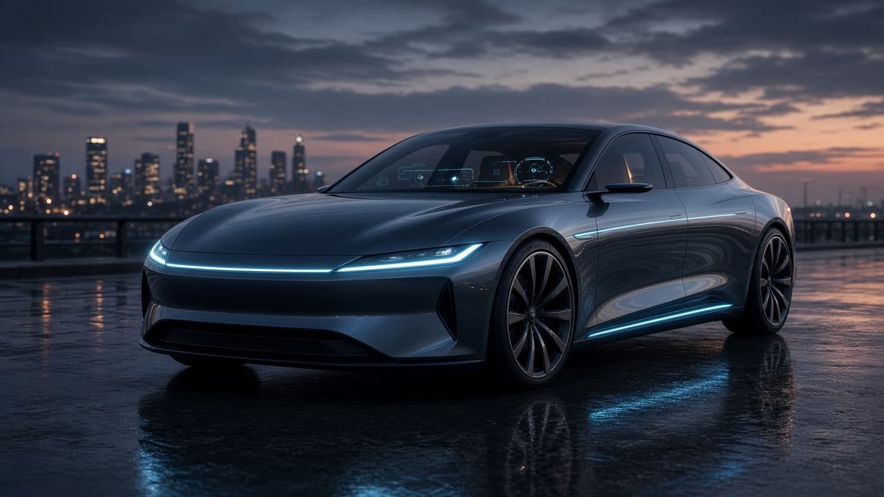 Illustrated near-future sedan with a glowing light bar on wet pavement at dusk