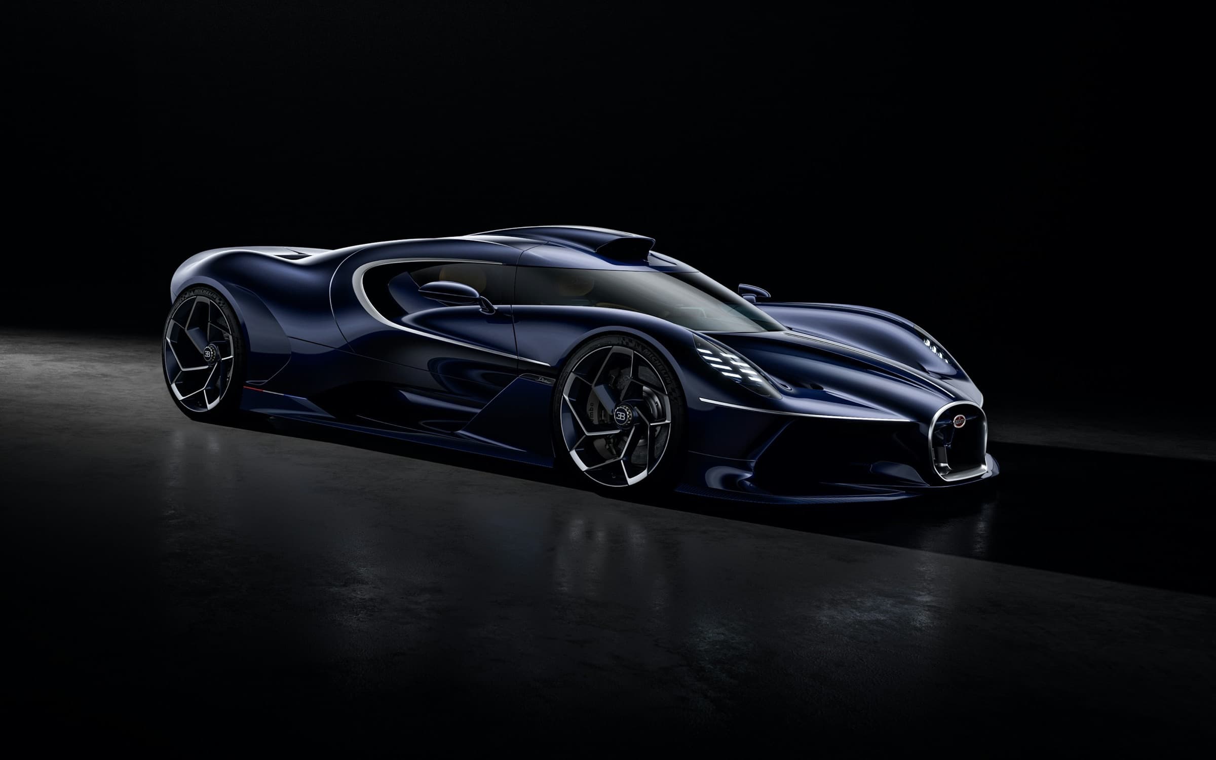 Bugatti Destrier one-off in Sapphire Celeste, three-quarter front studio view showing horseshoe grille and coachbuilt bodywork without Bolide aero wings