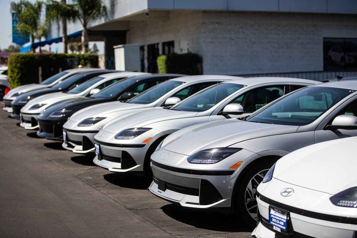 Electric vehicles lined up at a Hyundai dealership in Fresno, California