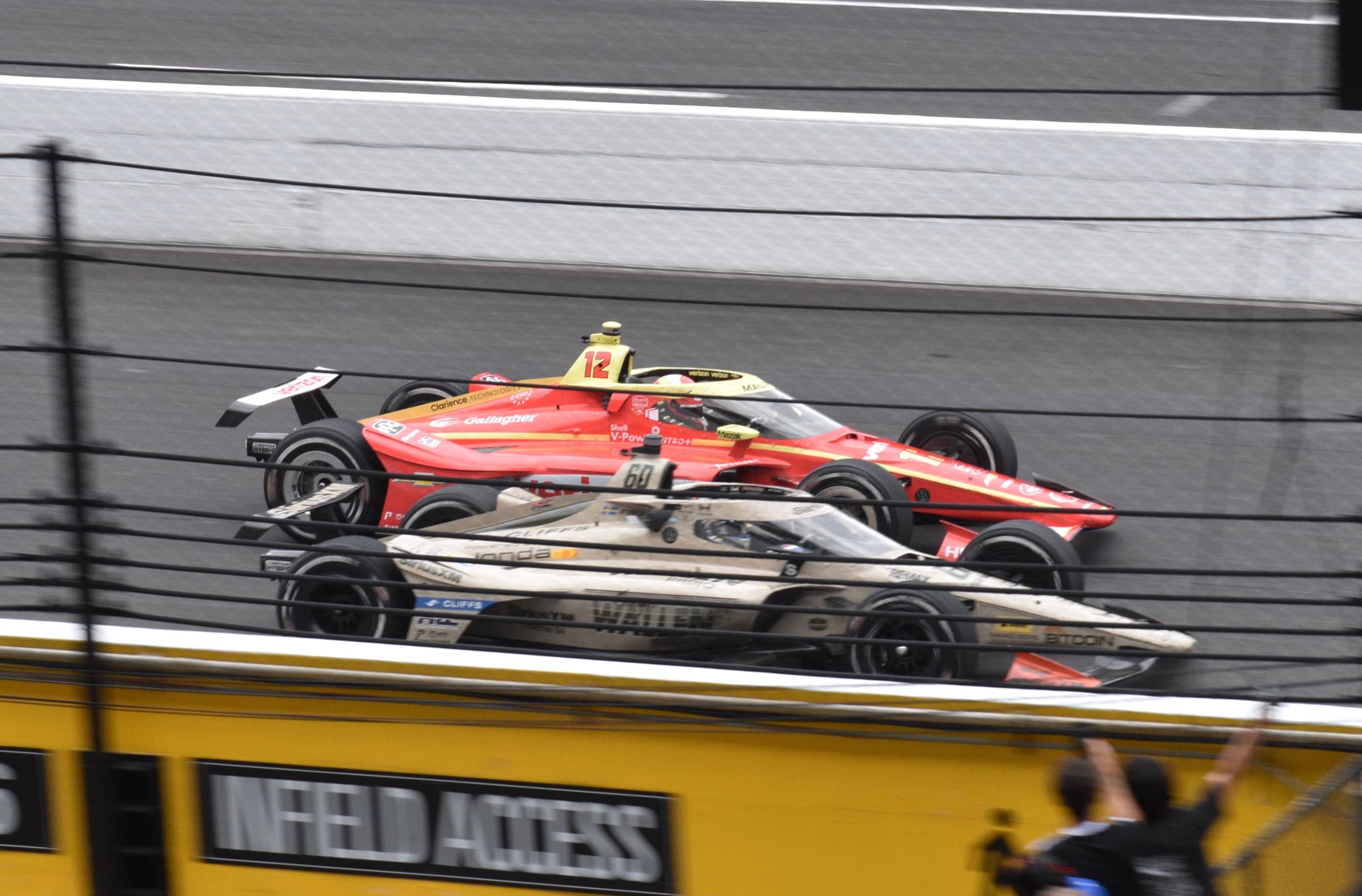 David Malukas in the No. 12 Team Penske car racing Felix Rosenqvist at the 2026 Indianapolis 500