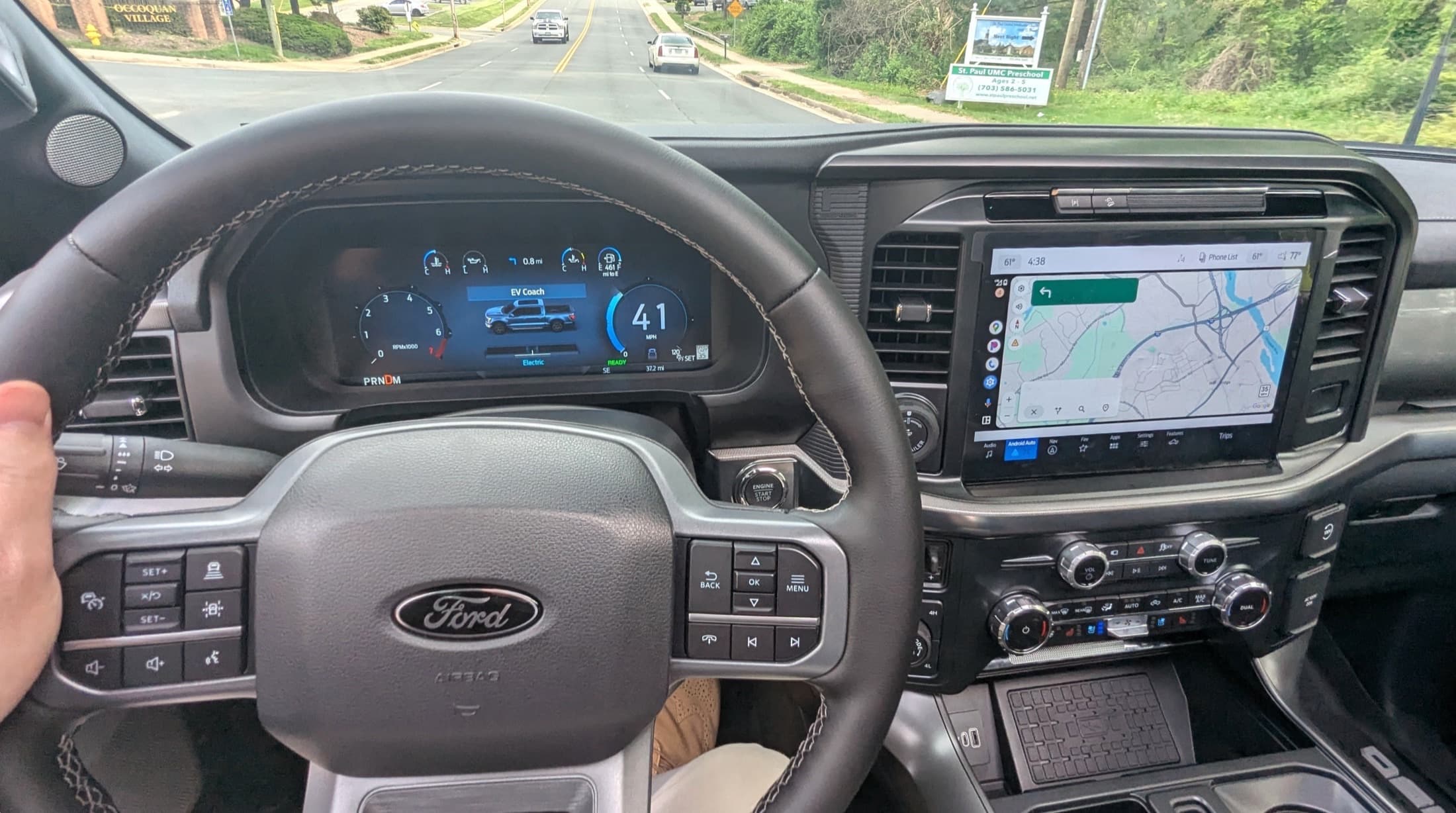 2025 Ford F-150 PowerBoost Lariat in EV driving mode, front three-quarter view