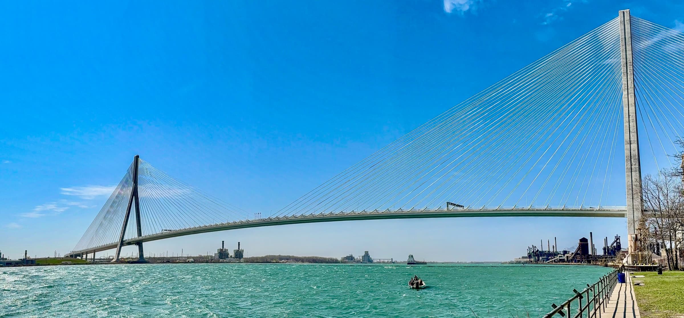 The Gordie Howe International Bridge spanning the Detroit River under a clear sky