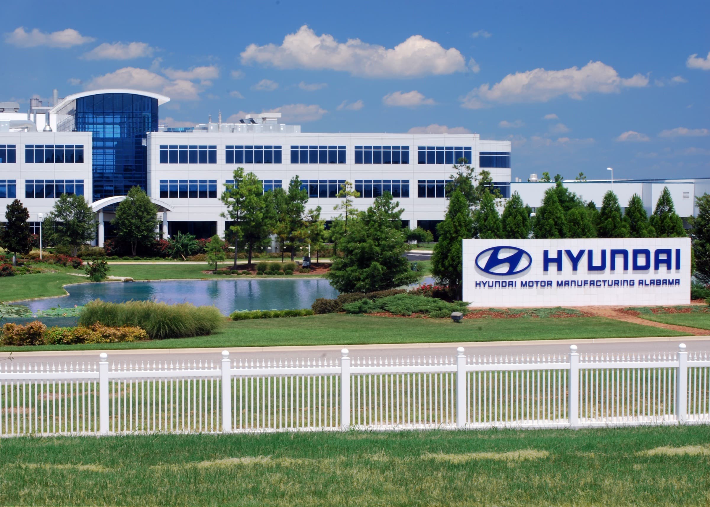 Hyundai Motor Manufacturing Alabama plant exterior and entrance sign in Montgomery