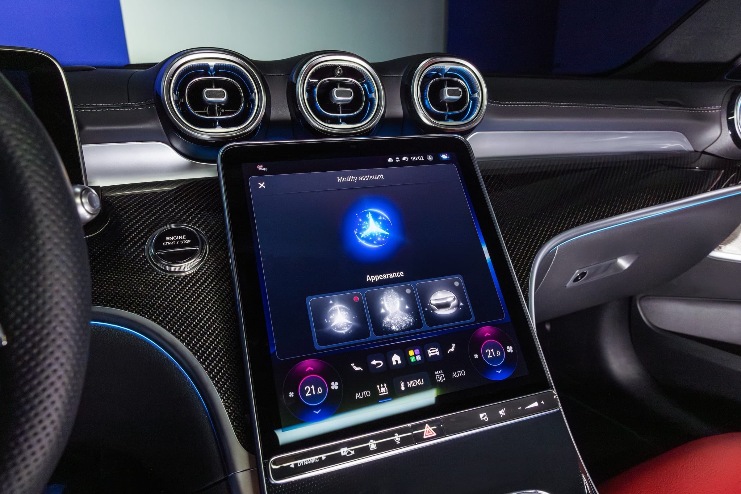2027 Mercedes-Benz C-Class portrait touchscreen showing MBUX Virtual Assistant appearance settings