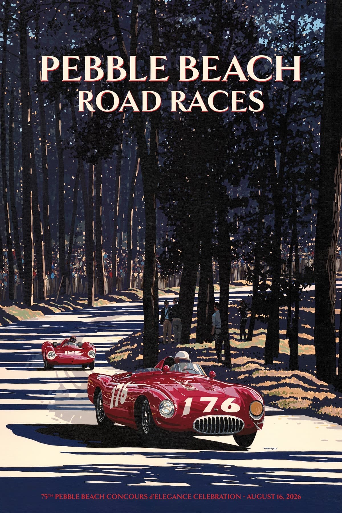 Official 2026 Pebble Beach Road Races commemorative poster by Tim Layzell showing a red OSCA sports racer and a pursuing Cooper on a forest road
