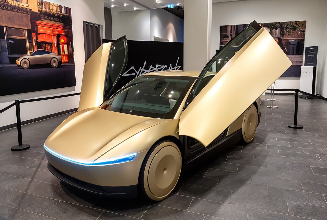 Tesla Cybercab robotaxi concept on display