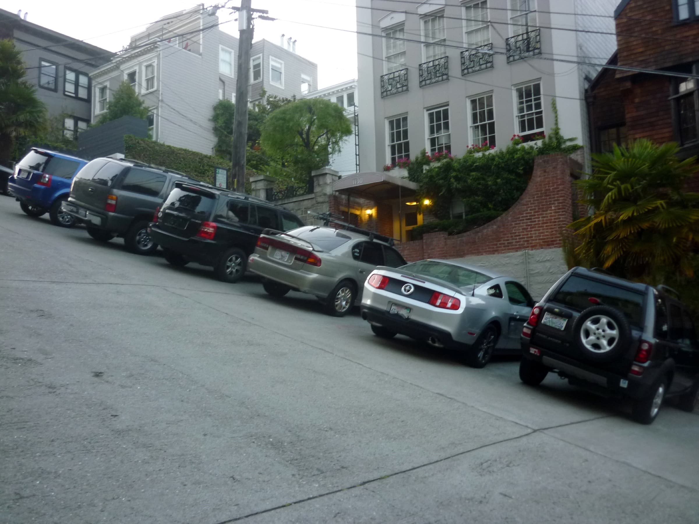 Cars parked along a steep street on Telegraph Hill in San Francisco