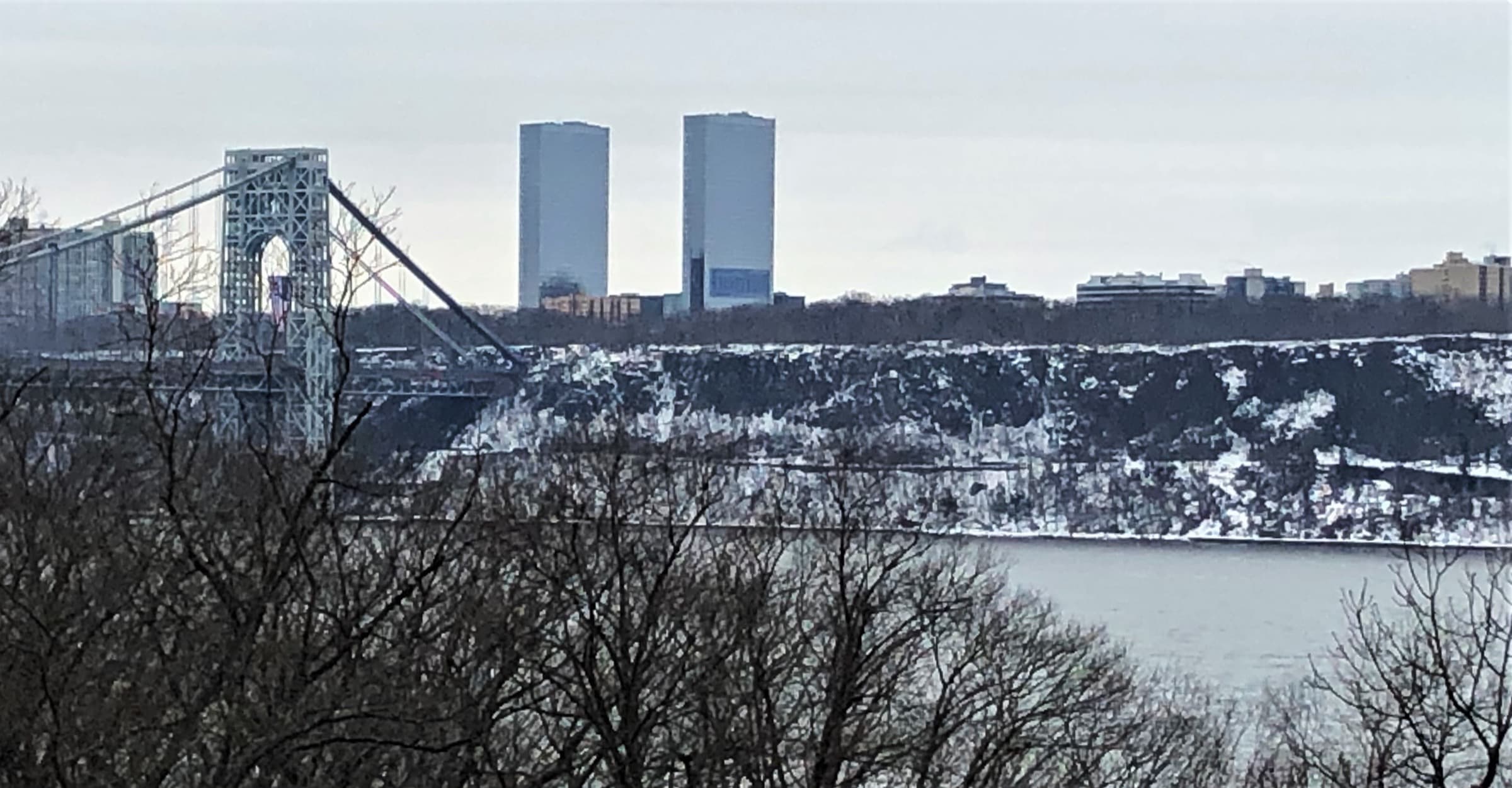 George Washington Bridge, Fort Lee, and the Palisades in winter