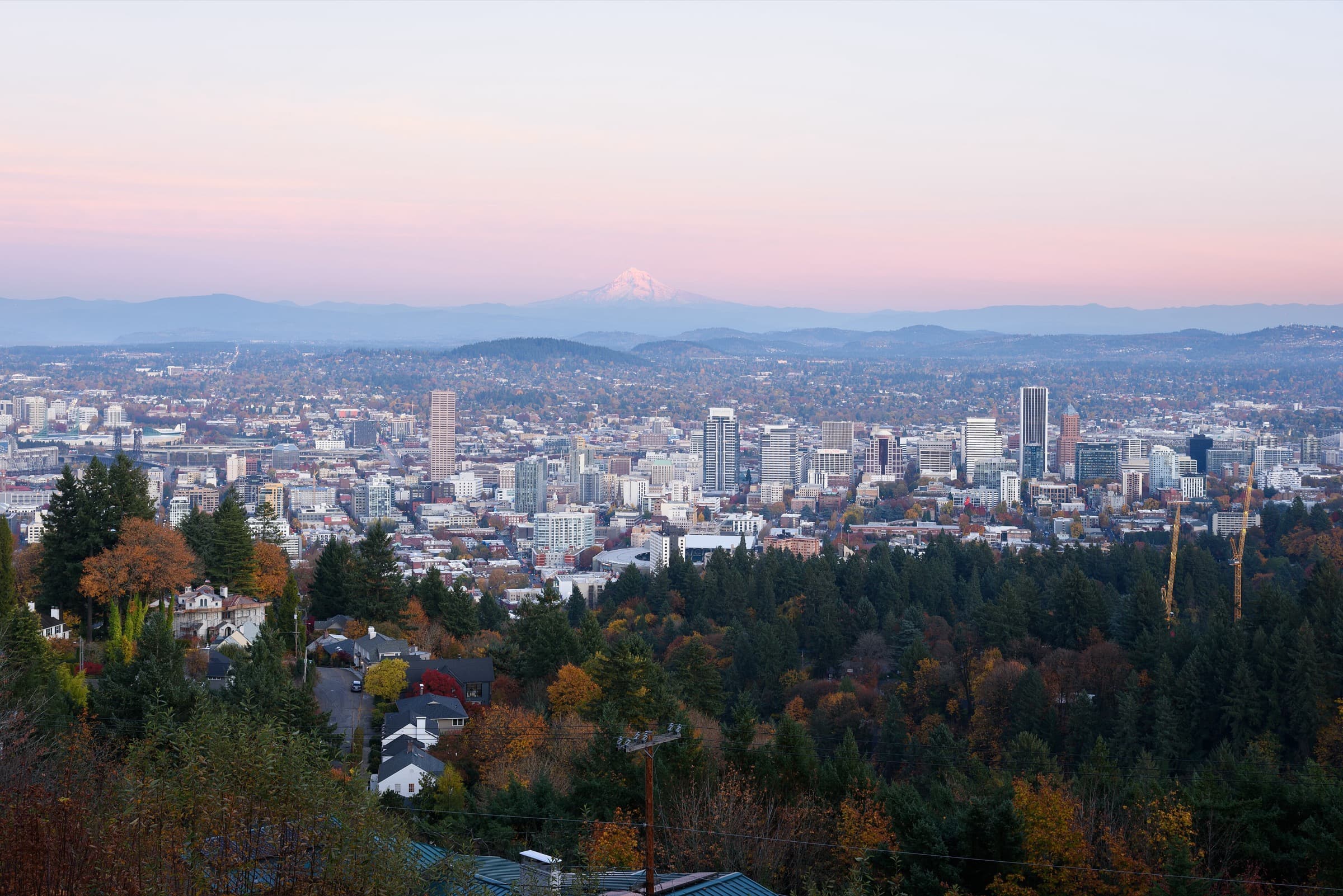 Portland skyline from Pittock Mansion viewpoint at dusk