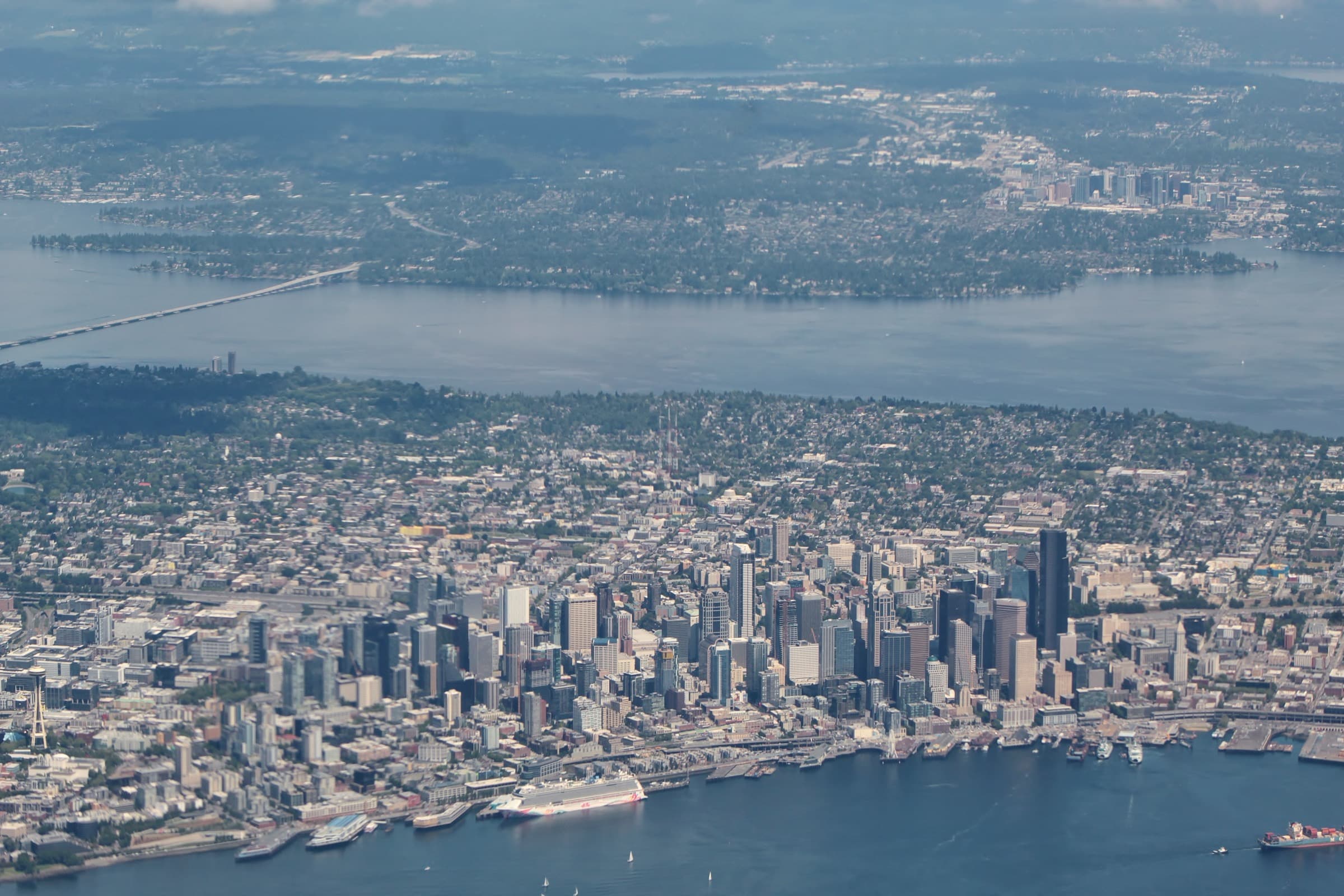 Aerial view of downtown Seattle looking east toward Bellevue and Lake Washington