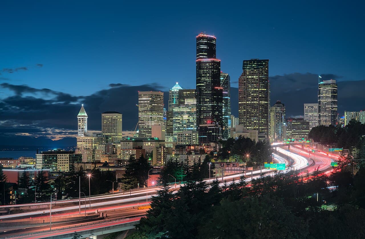 I-5 corridor with Seattle skyline in the distance