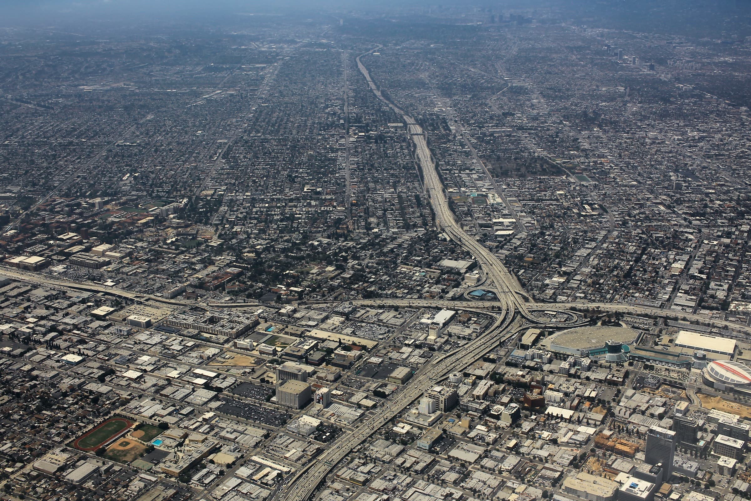 Aerial view of the I-10 and I-110 freeway interchange in Los Angeles