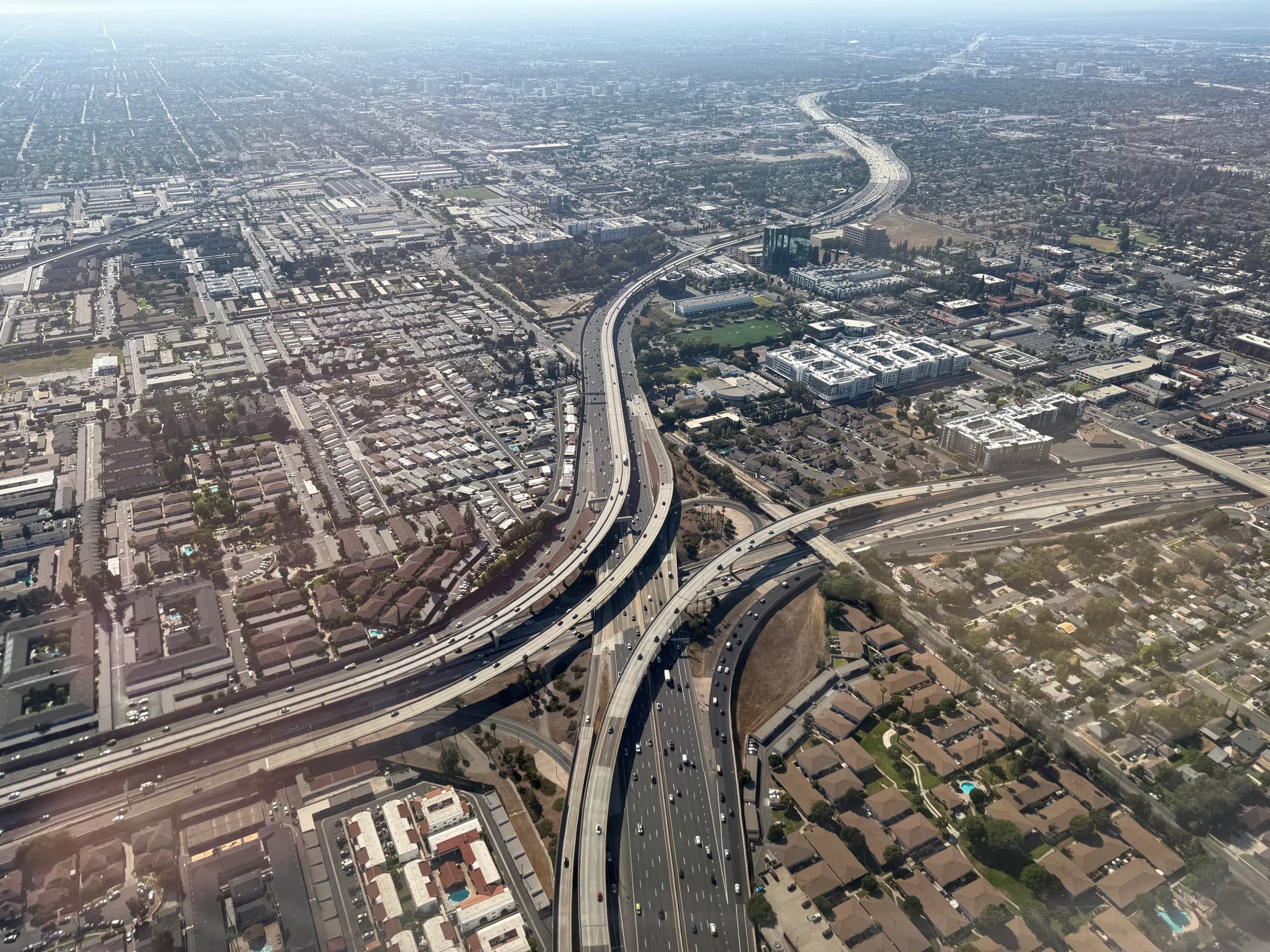 Aerial view of the I-5 and SR-55 interchange in Tustin and Santa Ana