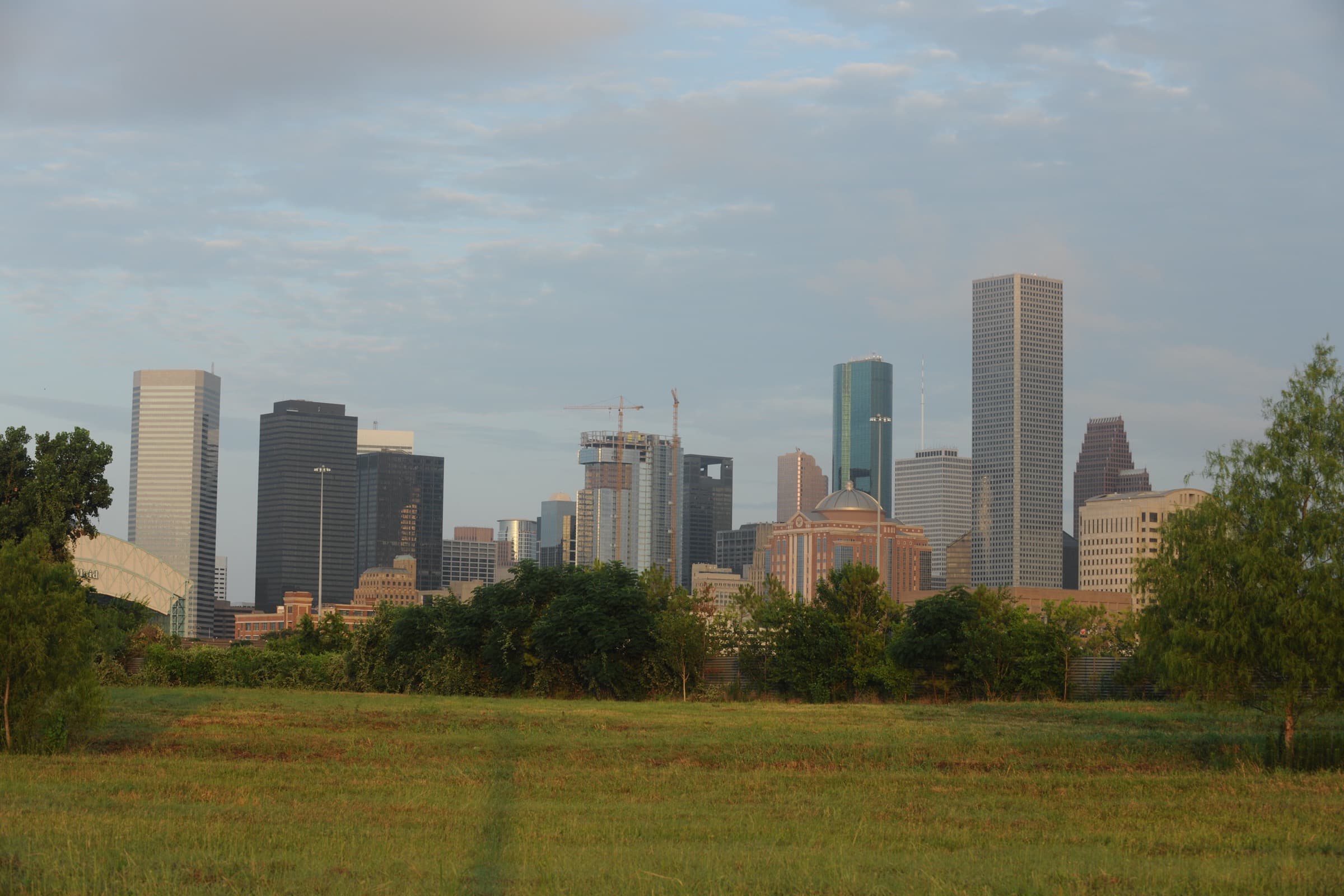 Houston downtown skyline shortly after sunrise near Buffalo Bayou