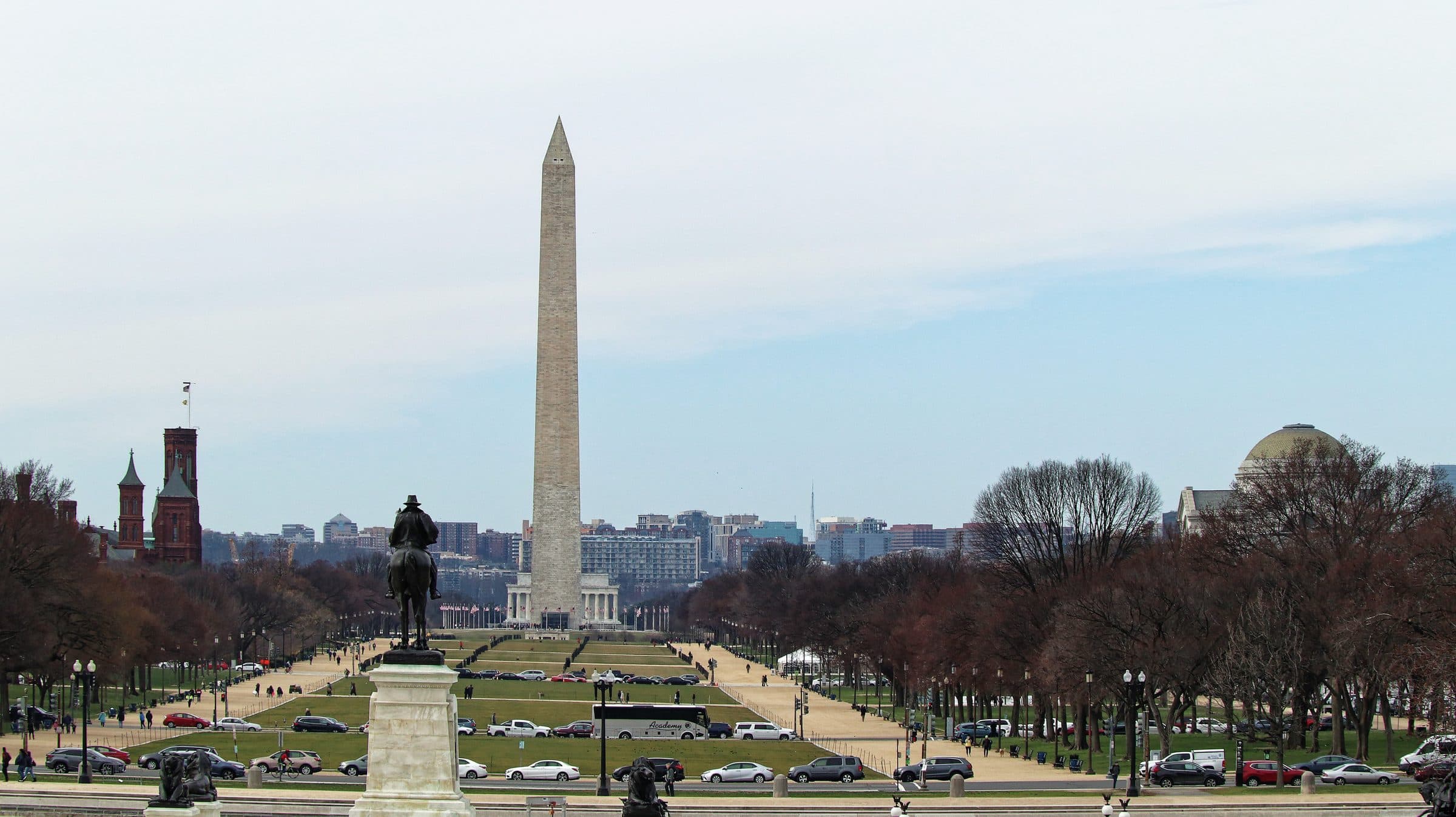 National Mall looking west toward the Washington Monument with Smithsonian Castle visible
