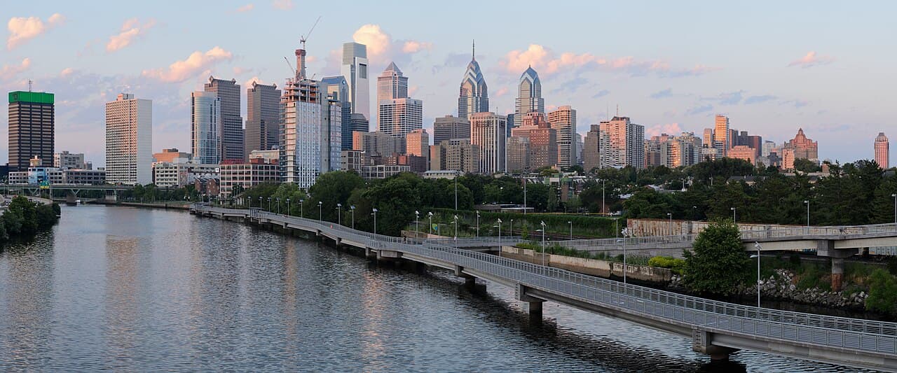 Philadelphia skyline viewed from the South Street Bridge over the Schuylkill River